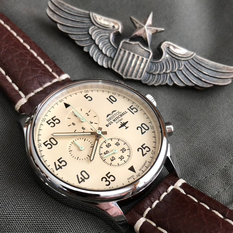 B-25 Mitchell Tribute - Stainless Steel, Polished Finish, Beige Dial, Brown Leather Band with Stitching