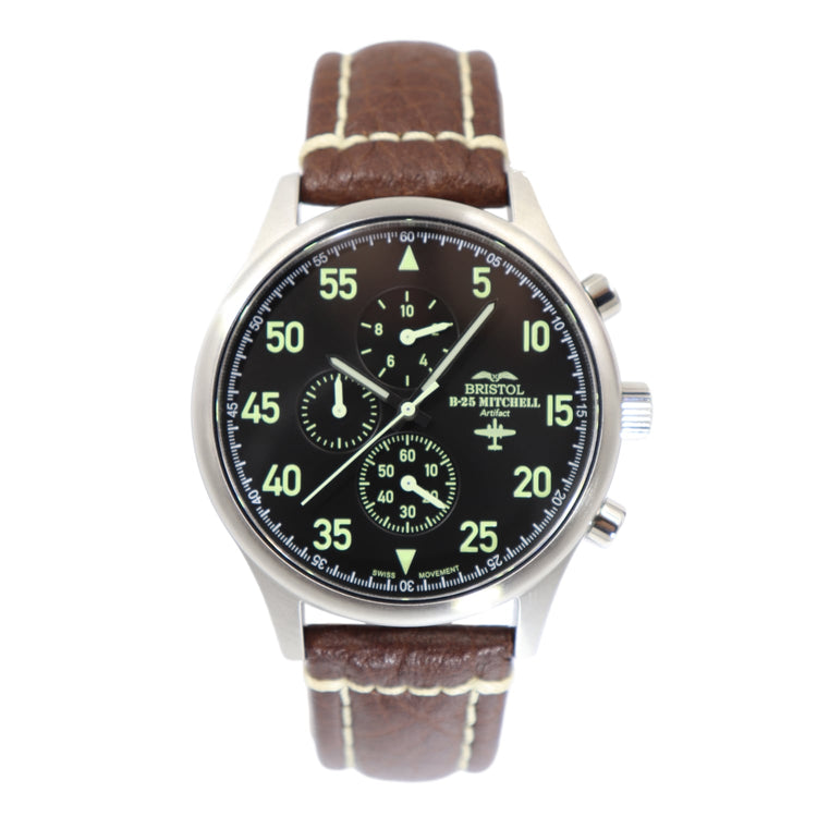 B-25 Mitchell Tribute - Stainless Steel, Brush Finish, Black Dial, Brown Leather Stitched Band