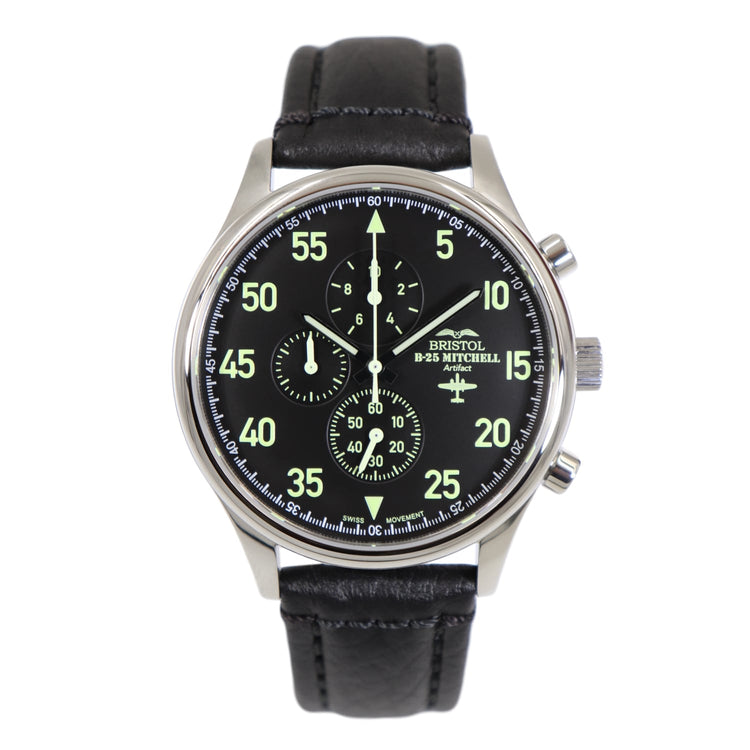 B-25 Mitchell Tribute - Stainless Steel, Polished Finish, Black Leather Band