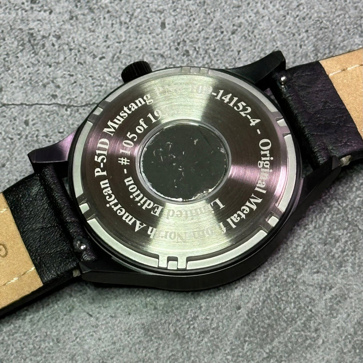 P-51 Mustang Tribute - Stainless Steel, Black Finish, Black Leather Band