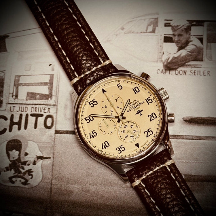 B-25 Mitchell Tribute - Stainless Steel, Polished Finish, Beige Dial, Brown Leather Band with Stitching