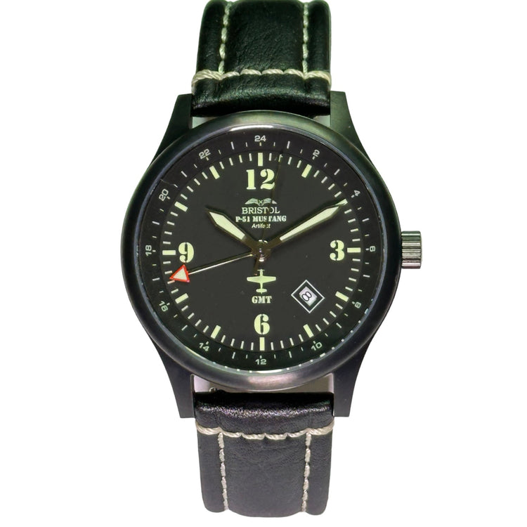 P-51 Mustang Tribute - Stainless Steel, Black Finish, Black Leather Band