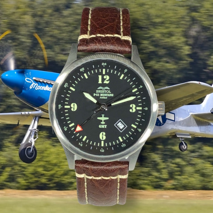 P-51 Mustang Tribute - Stainless Steel, Brush Finish, Brown Leather Band