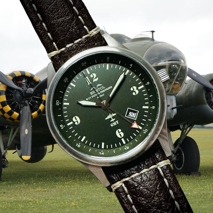 B-17 Tribute - Stainless Brush Finish, Dark Green Dial, Brown Leather Band with Stitching