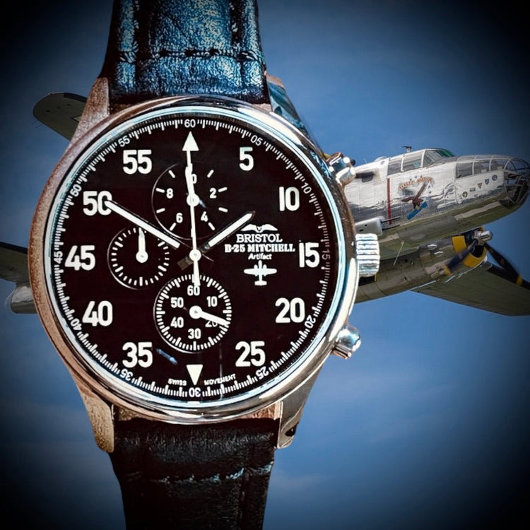 B-25 Mitchell Tribute - Stainless Steel, Polished Finish, Black Leather Band