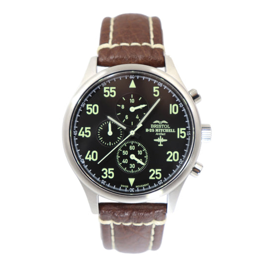 B-25 Mitchell Tribute - Stainless Steel, Brush Finish, Black Dial, Brown Leather Stitched Band