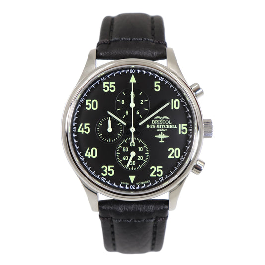 B-25 Mitchell Tribute - Stainless Steel, Polished Finish, Black Leather Band