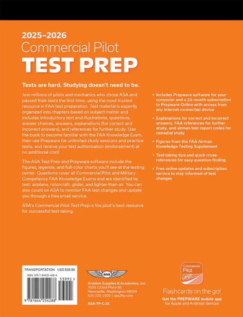 2025-2026 commercial pilot test prep (softcover) with prepware software by asa