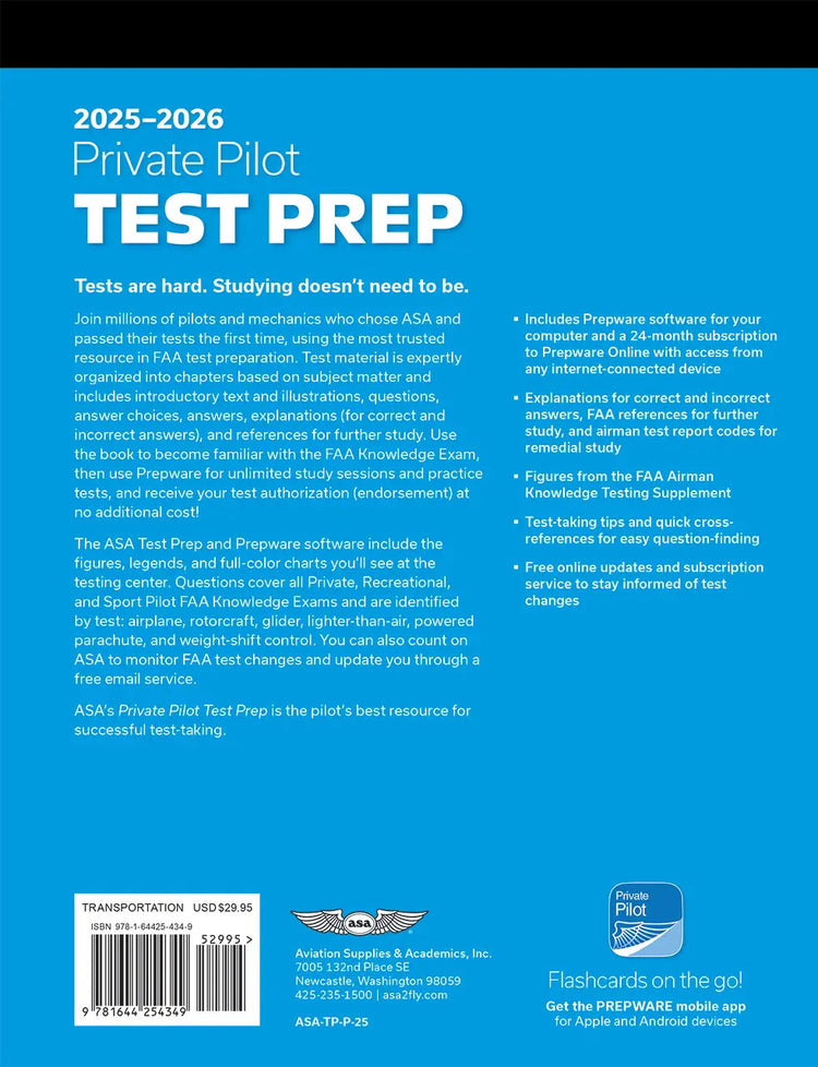 2025-2026 Private Pilot Test Prep (Softcover) With Prepware Software by ASA